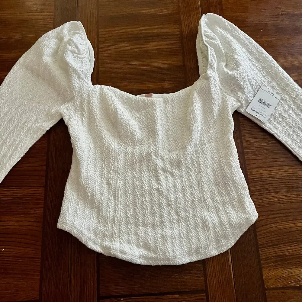 NWT FREE PEOPLE Brittany White Ribbed Puff Sleeve Top Large White Boho